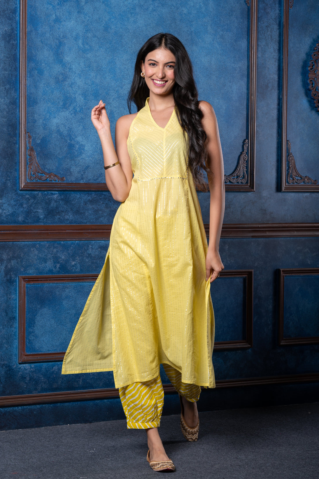 Women's Afgani Halter Neck Yellow Suit Set