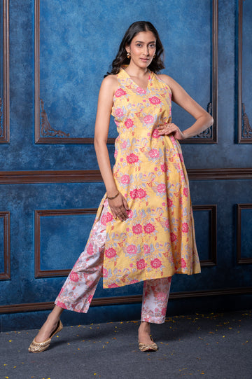Women's Block-Printed Halter Neck Suit Set
