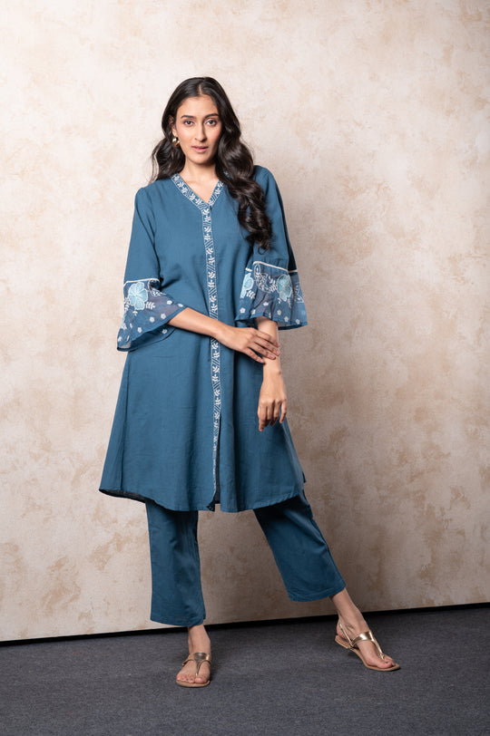 Teal Blue Embroidered Kurta Set