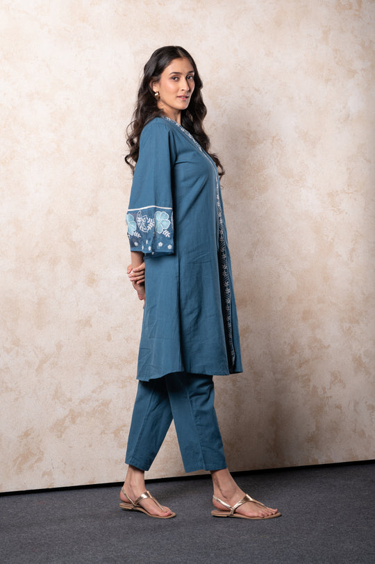 Teal Blue Embroidered Kurta Set