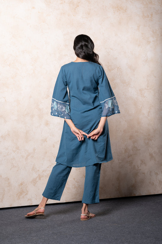 Teal Blue Embroidered Kurta Set