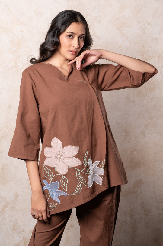 Brown Embroidered Kurta Set