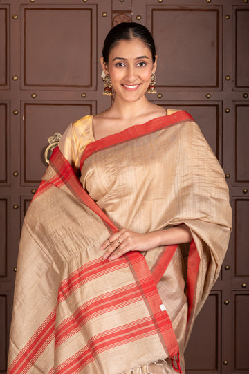 BEIGE HANDWOVEN TUSSAR SILK SAREE