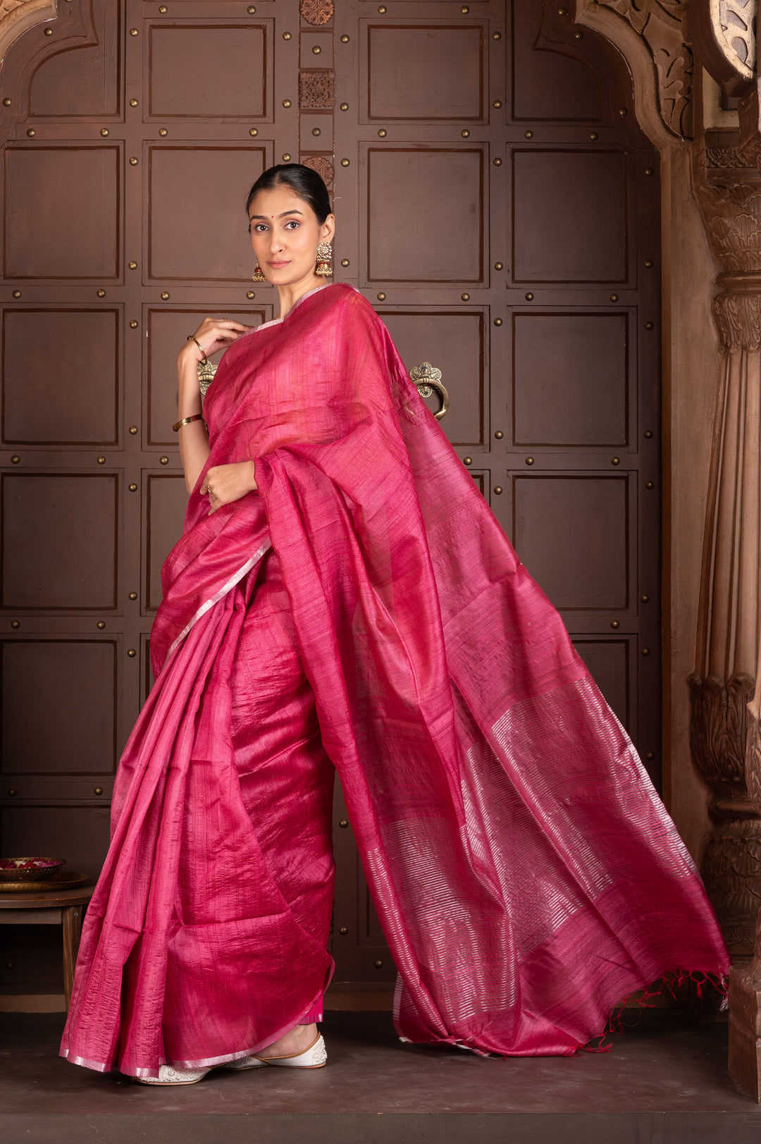 MAGENTA HANDWOVEN TUSSAR SILK SAREE