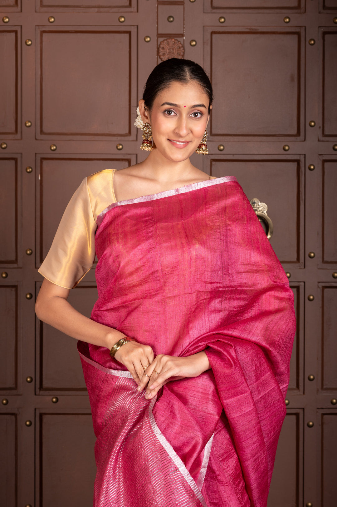 MAGENTA HANDWOVEN TUSSAR SILK SAREE