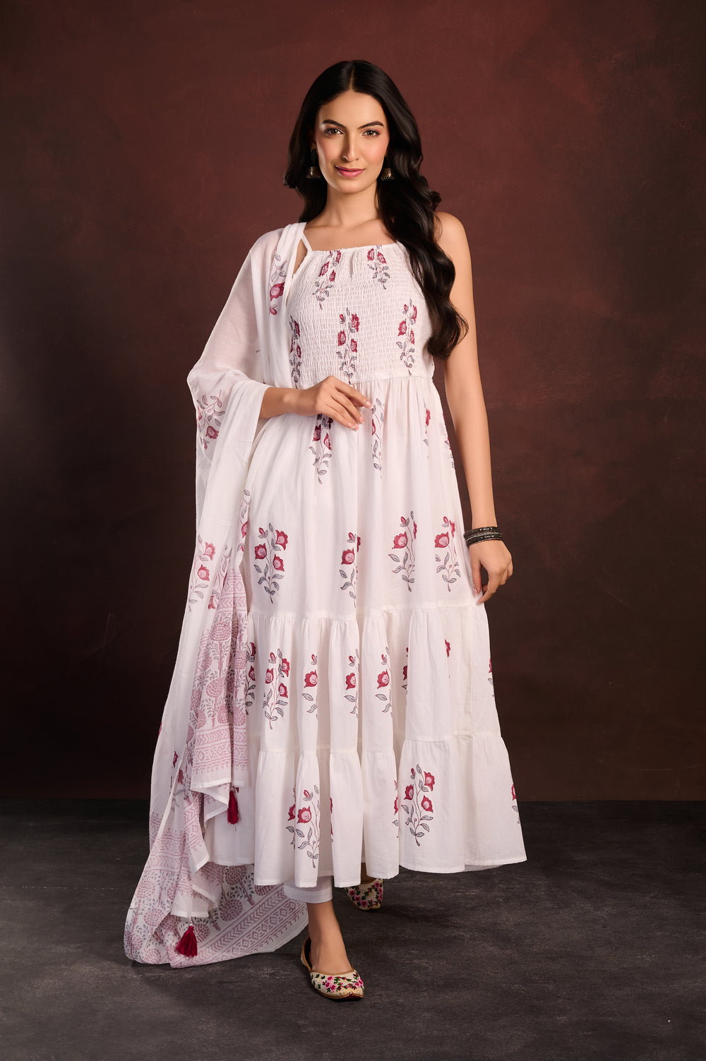 White Printed Tiered Anarkali Set