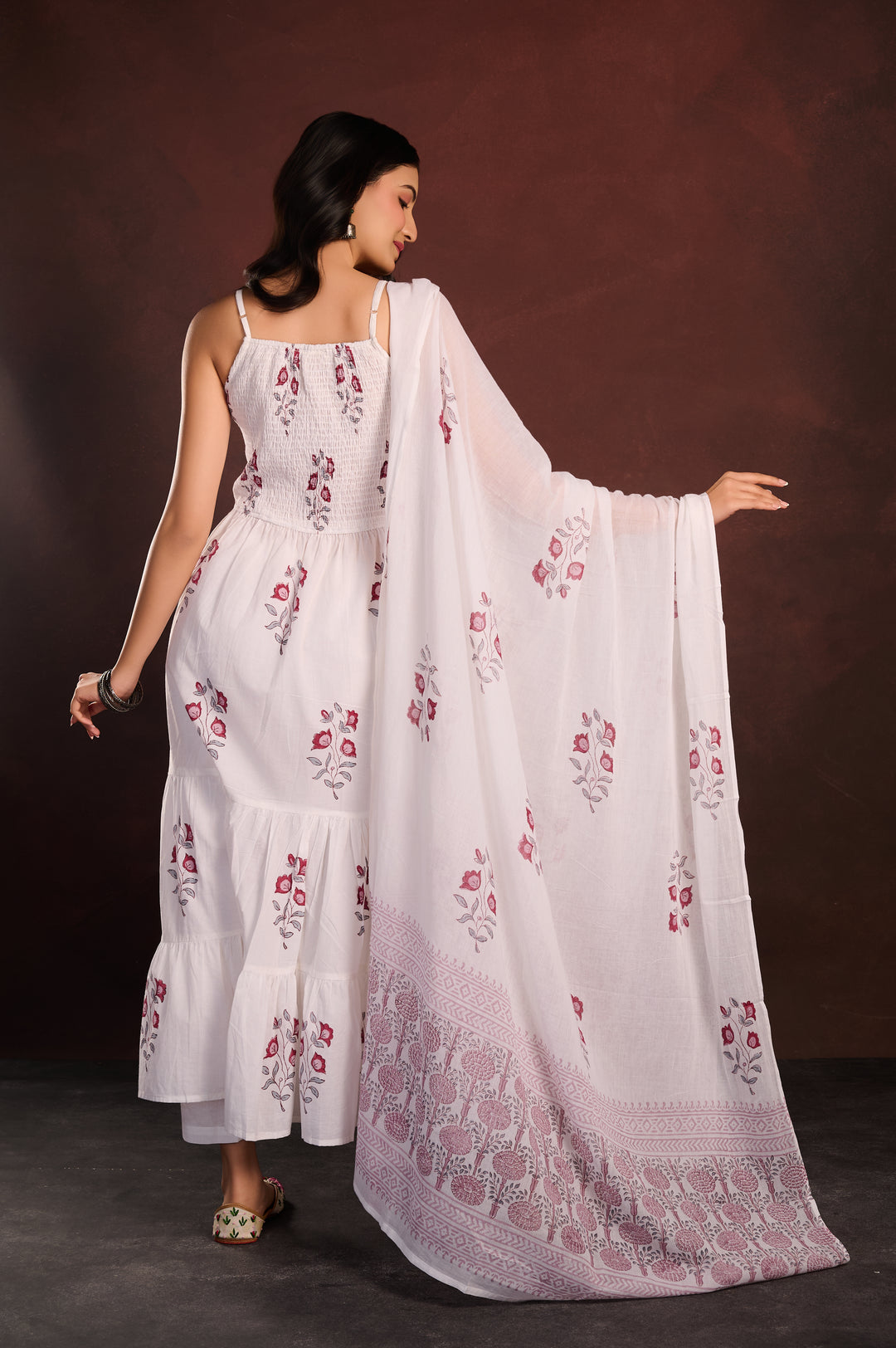 White Printed Tiered Anarkali Set