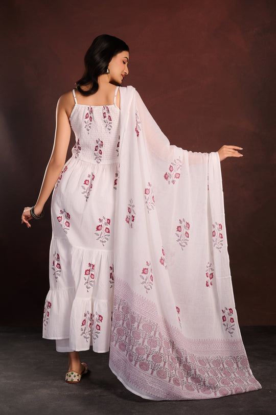 White Printed Tiered Anarkali Set