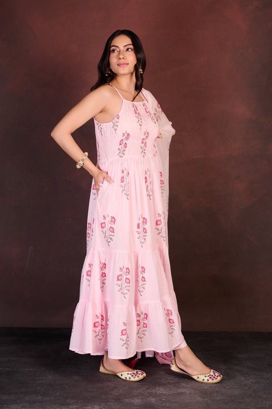 Pink Printed Tiered Anarkali Set