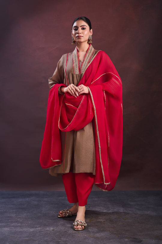 Red V Neck Suit Set