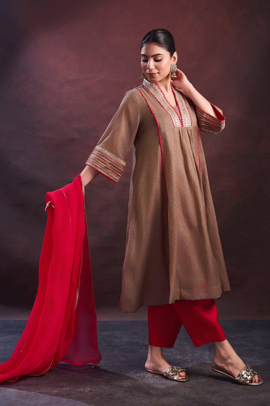 Red V Neck Suit Set