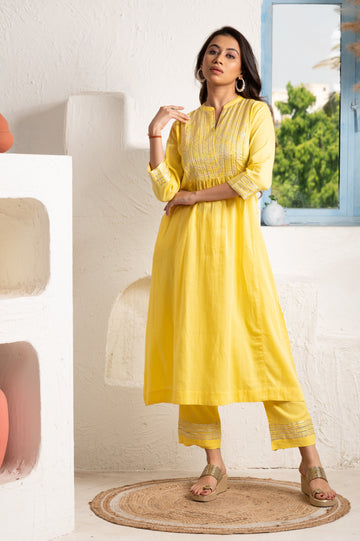 Gota Embellished Yoke Yellow Kurta Pant Set