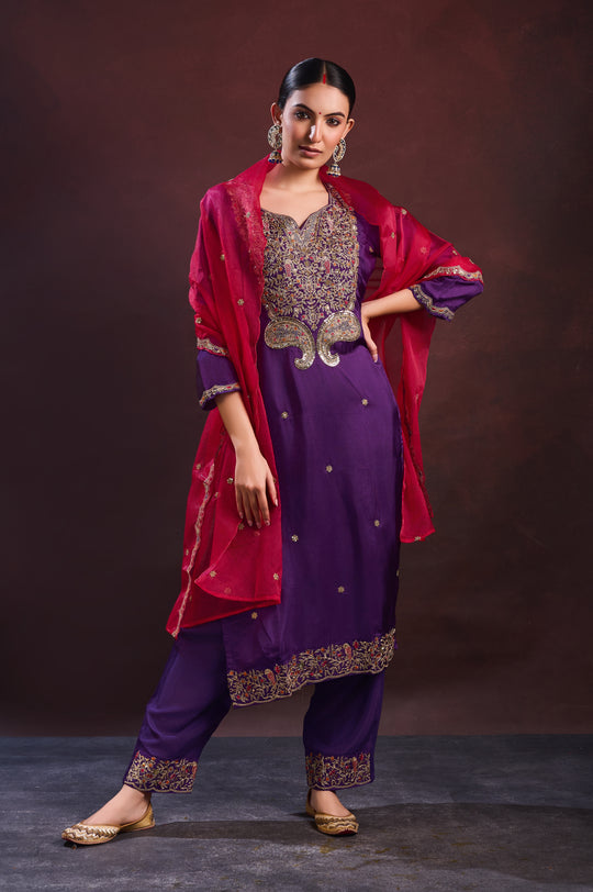 Purple Yoke Embroidered Suit Set
