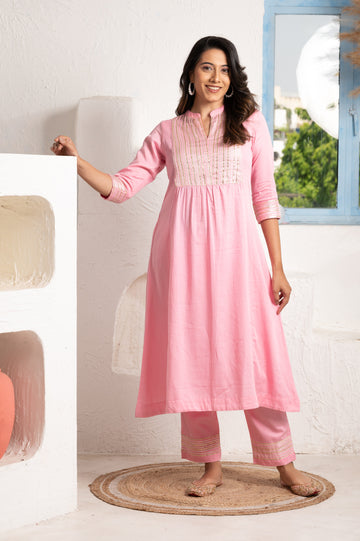 Gota Embellished Yoke Pink Kurta Pant Set
