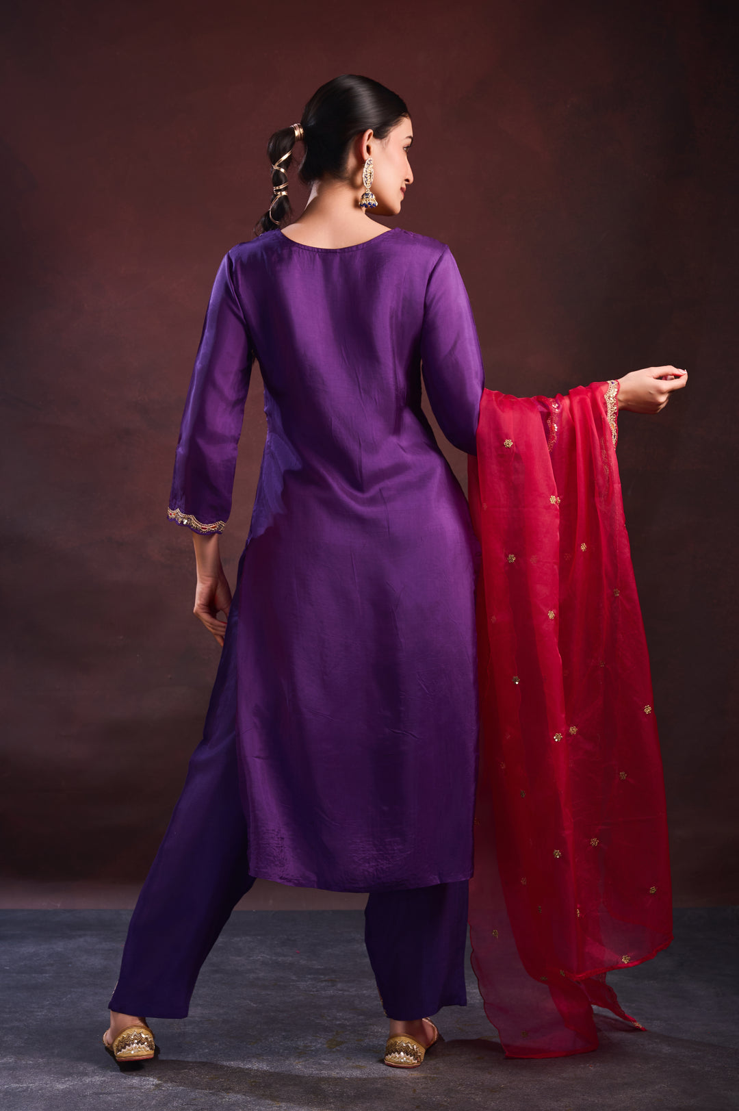 Purple Yoke Embroidered Suit Set