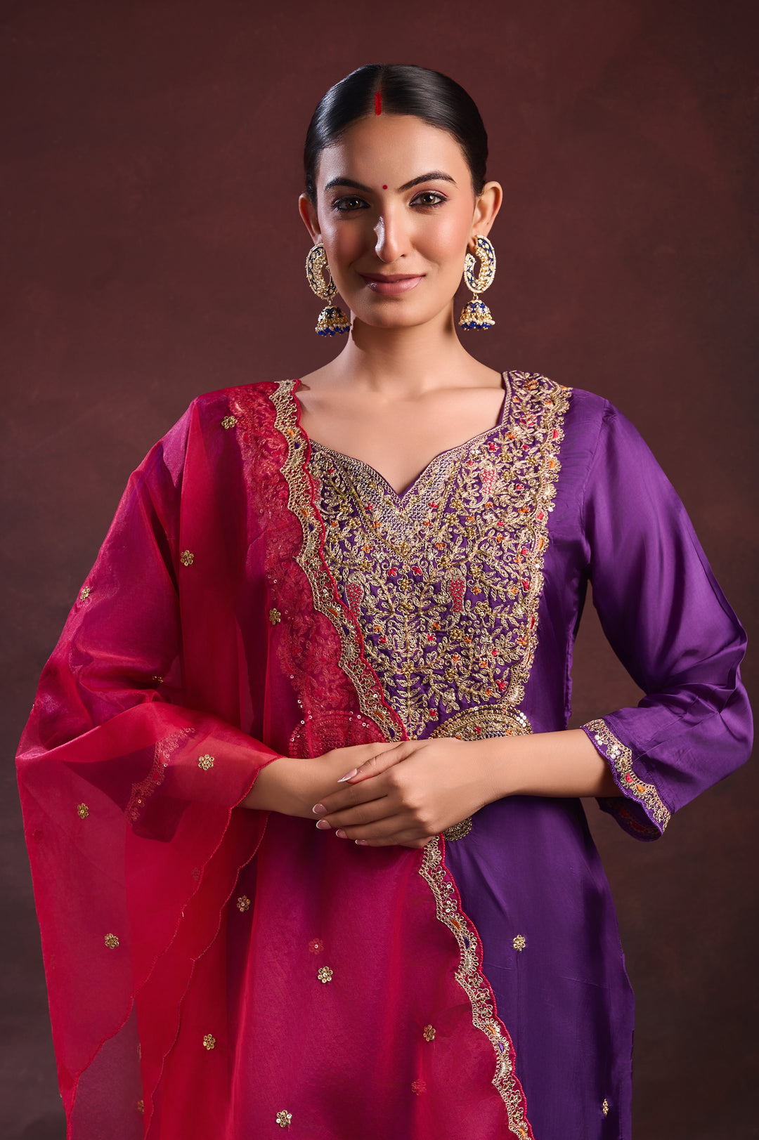 Purple Yoke Embroidered Suit Set