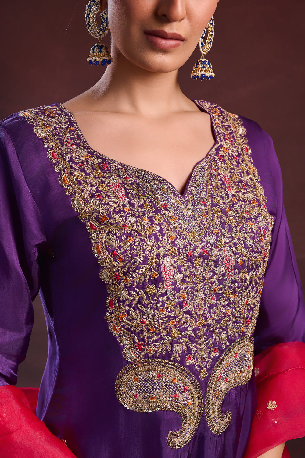 Purple Yoke Embroidered Suit Set