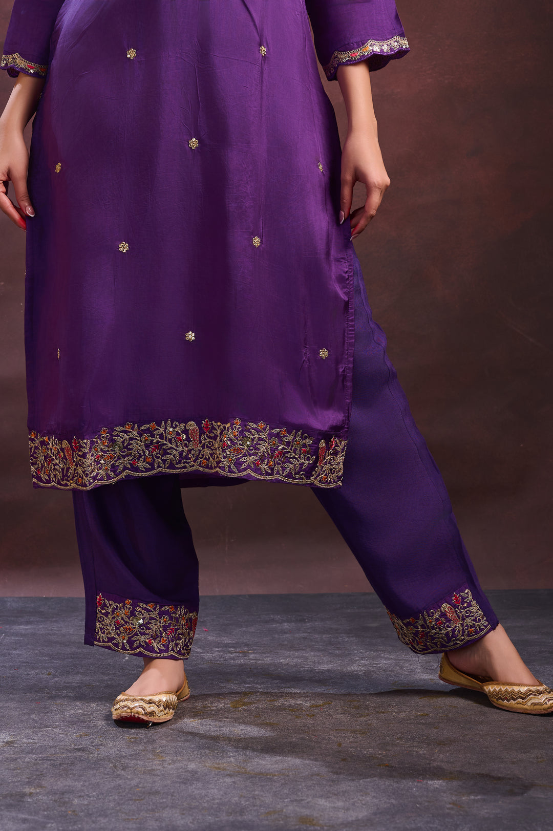 Purple Yoke Embroidered Suit Set