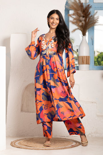 Pearl Embroidered Yoke Orange Suit Set