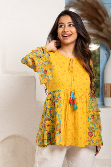 PRINTED MUSTARD COTTON TUNIC
