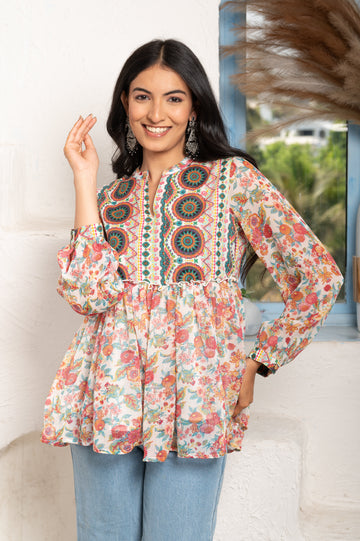 PRINTED IVORY CHIFFON-COTTON  TUNIC
