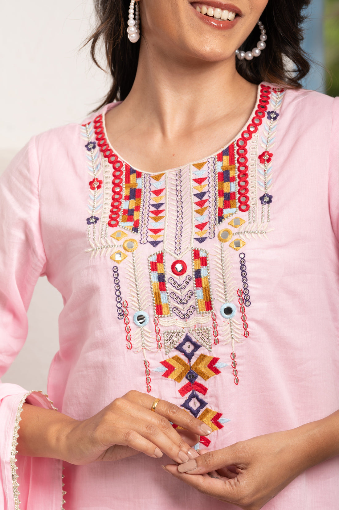 Multicolour Thread Yoke Embroidered Pink suit set