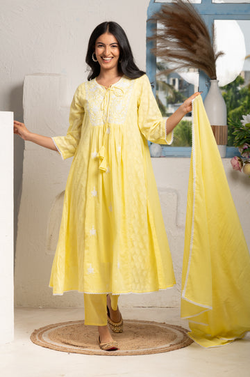 Embroidered Yoke Yellow Kurta Set