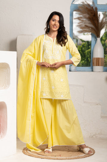 Embroidered Yoke Yellow sharara set