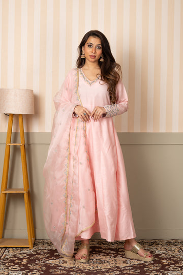 Embroidered Neckline Silk Kurta set