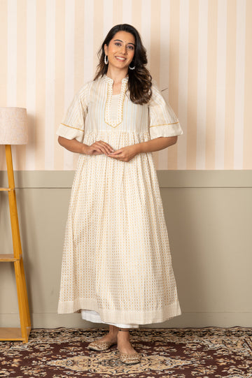 Foil Print Cotton Lace Kurta Pant Set