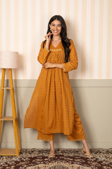 Embroidered Cut Dana Kurta Pant Set