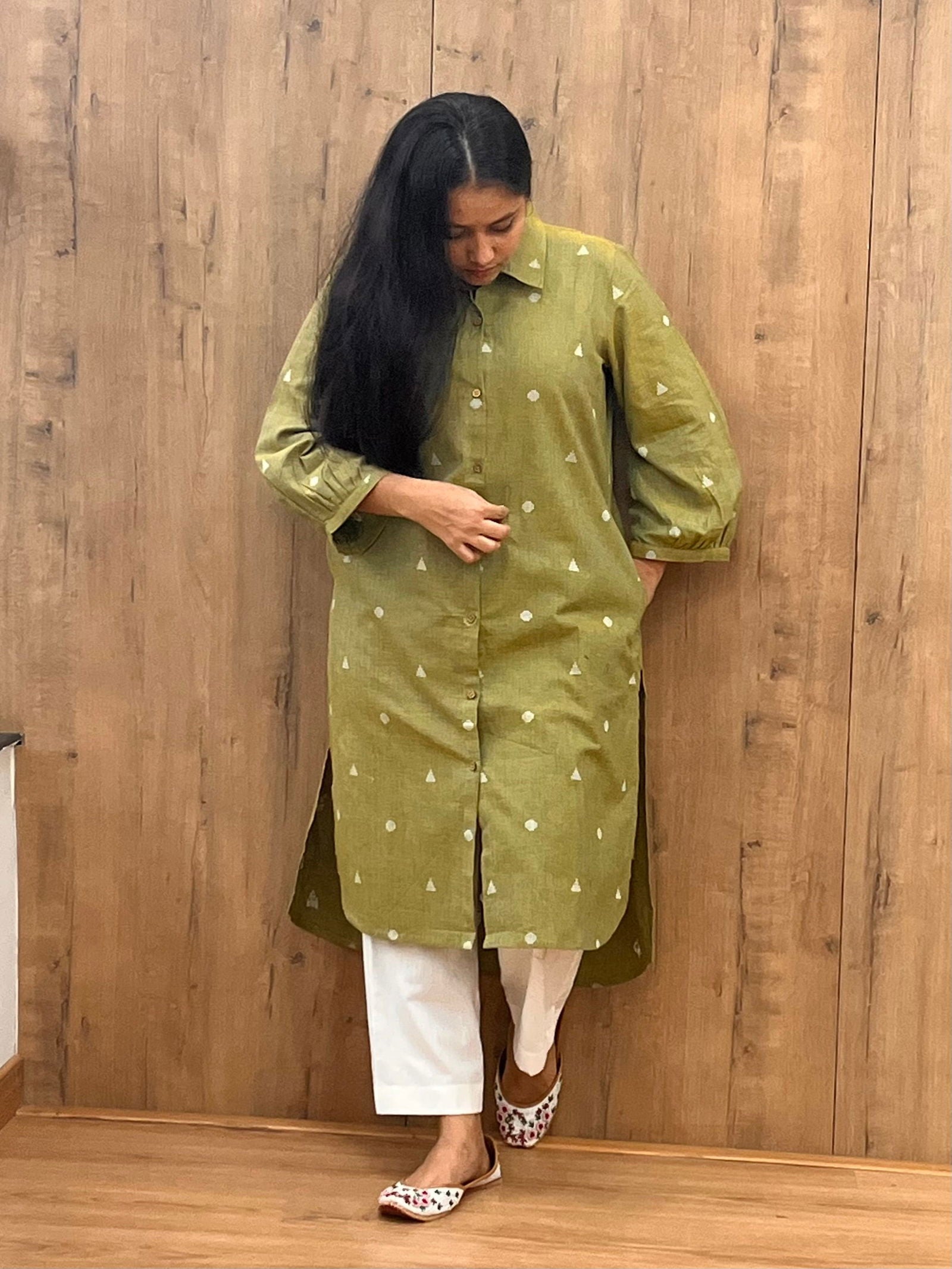 Sage green blue handloom soft cotton A-symetric kurta with yellow booti and pockets - Cult91