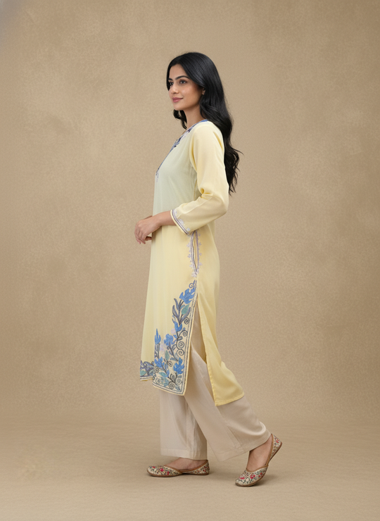 Lime Yellow Cotton Kurti With Floral Embroidery