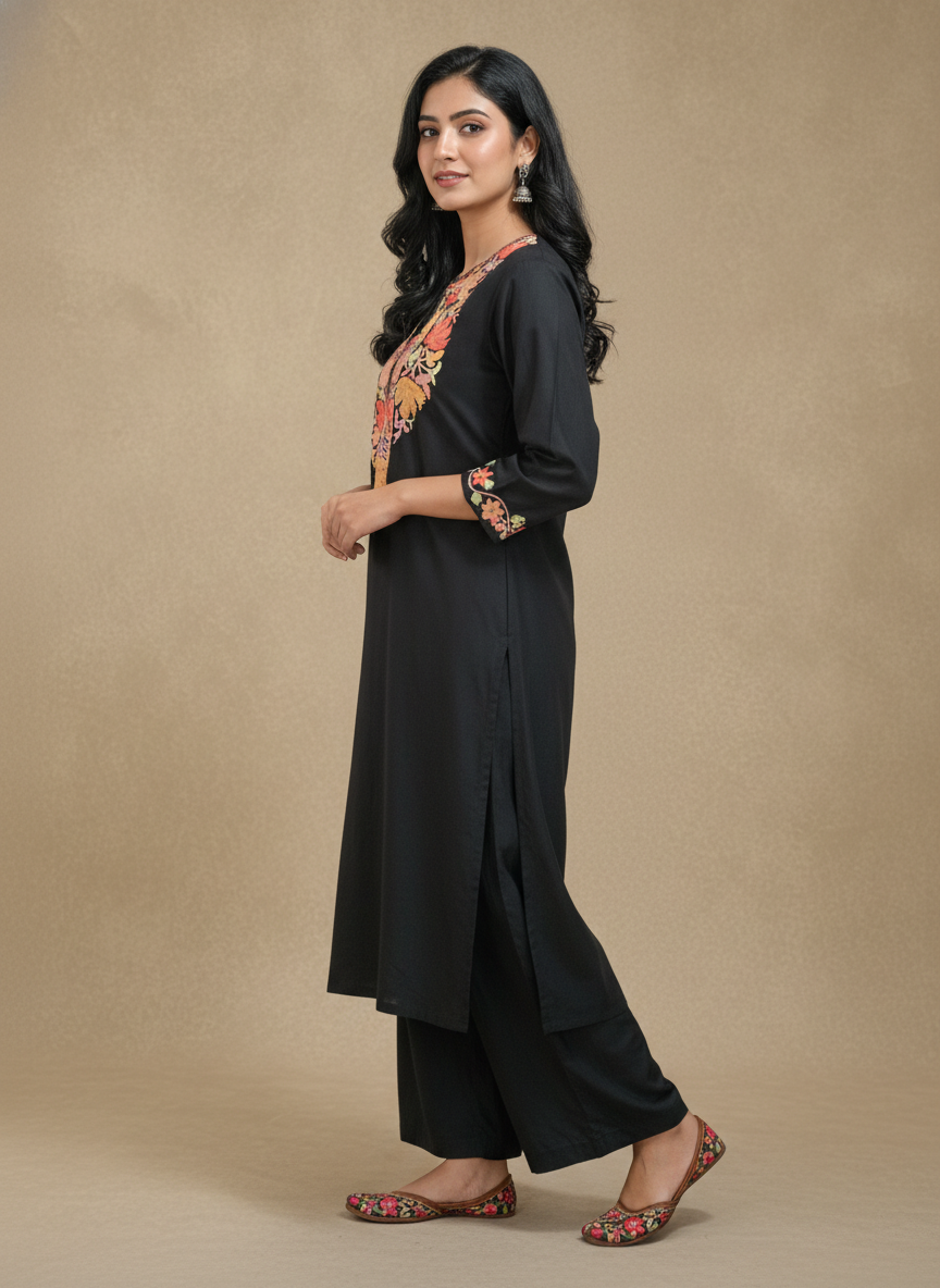 Black Kurtis With Multi Color Embroidery