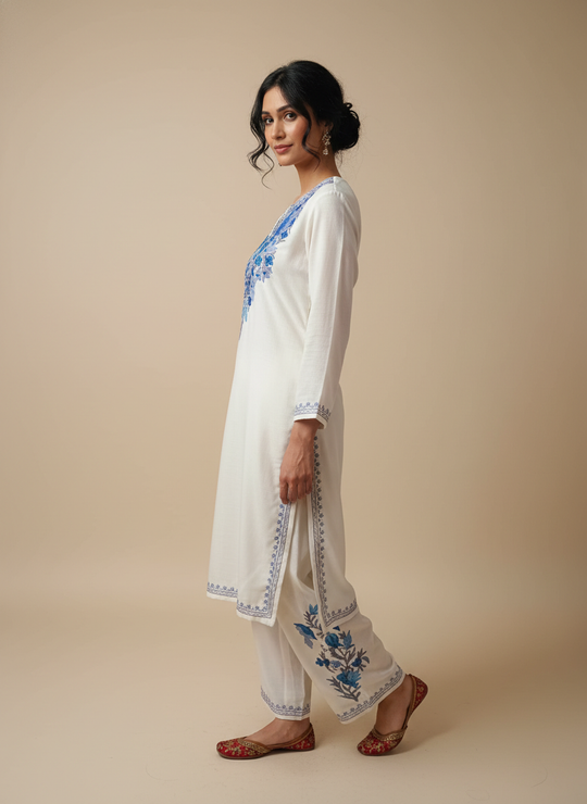 White Aari Embroidered Co-ord Set with Blue Floral Motifs