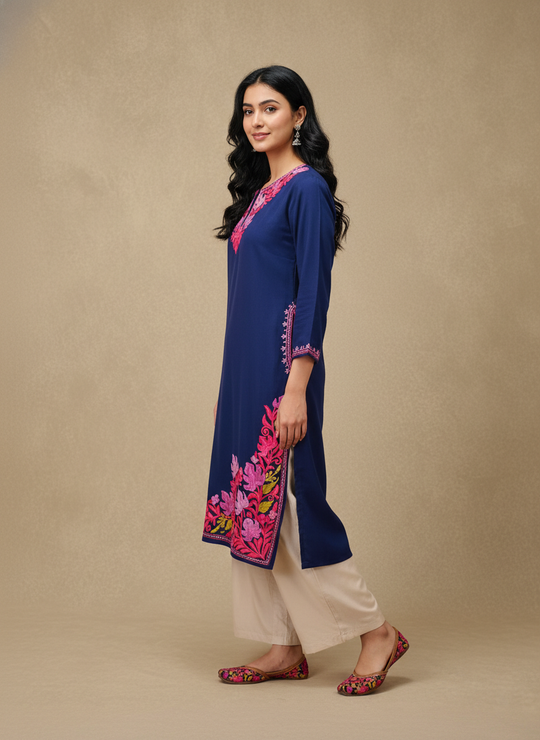 Midnight Blue Cotton Kurti with Pink Crewel Embroidery