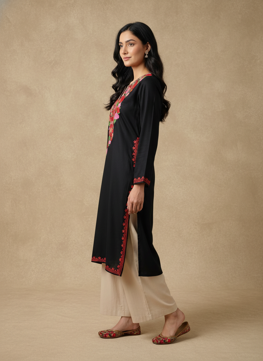 Black  Kurti With Red Floral Motifs