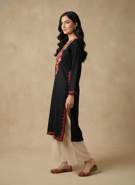 Black  Kurti With Red Floral Motifs