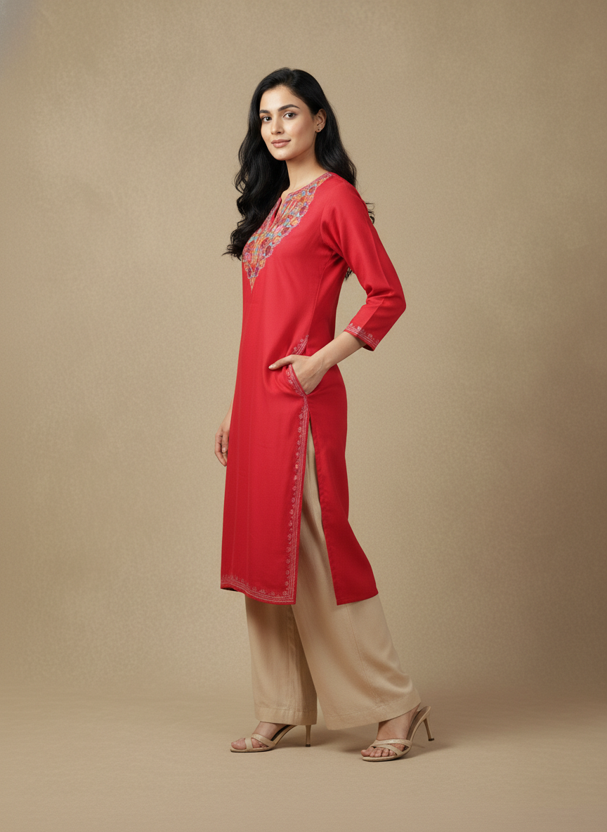 Crimson Red Cotton Kurti with Green Crewel Embroidery