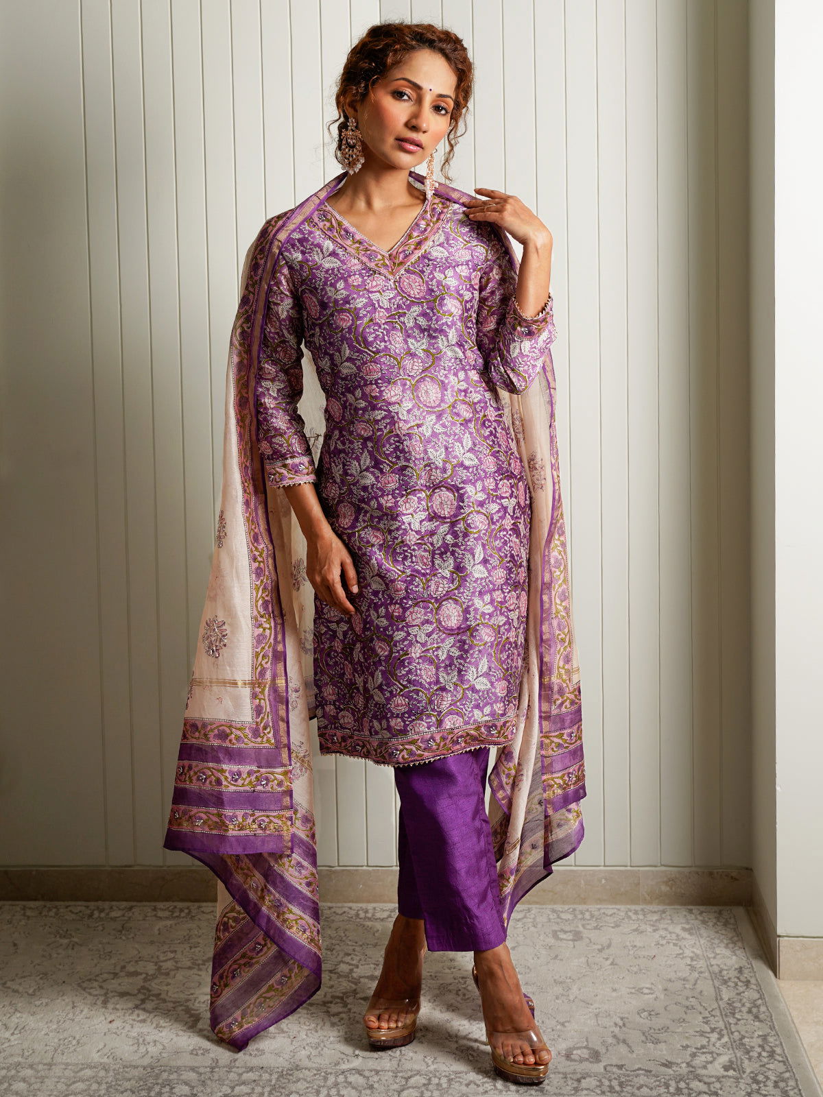 V-neck Purple Jaipuri suit with Gota Lace - Cult91