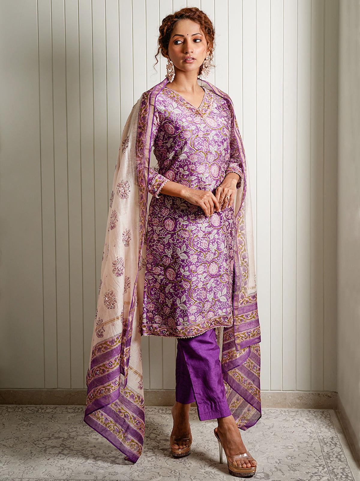 V-neck Purple Jaipuri suit with Gota Lace - Cult91