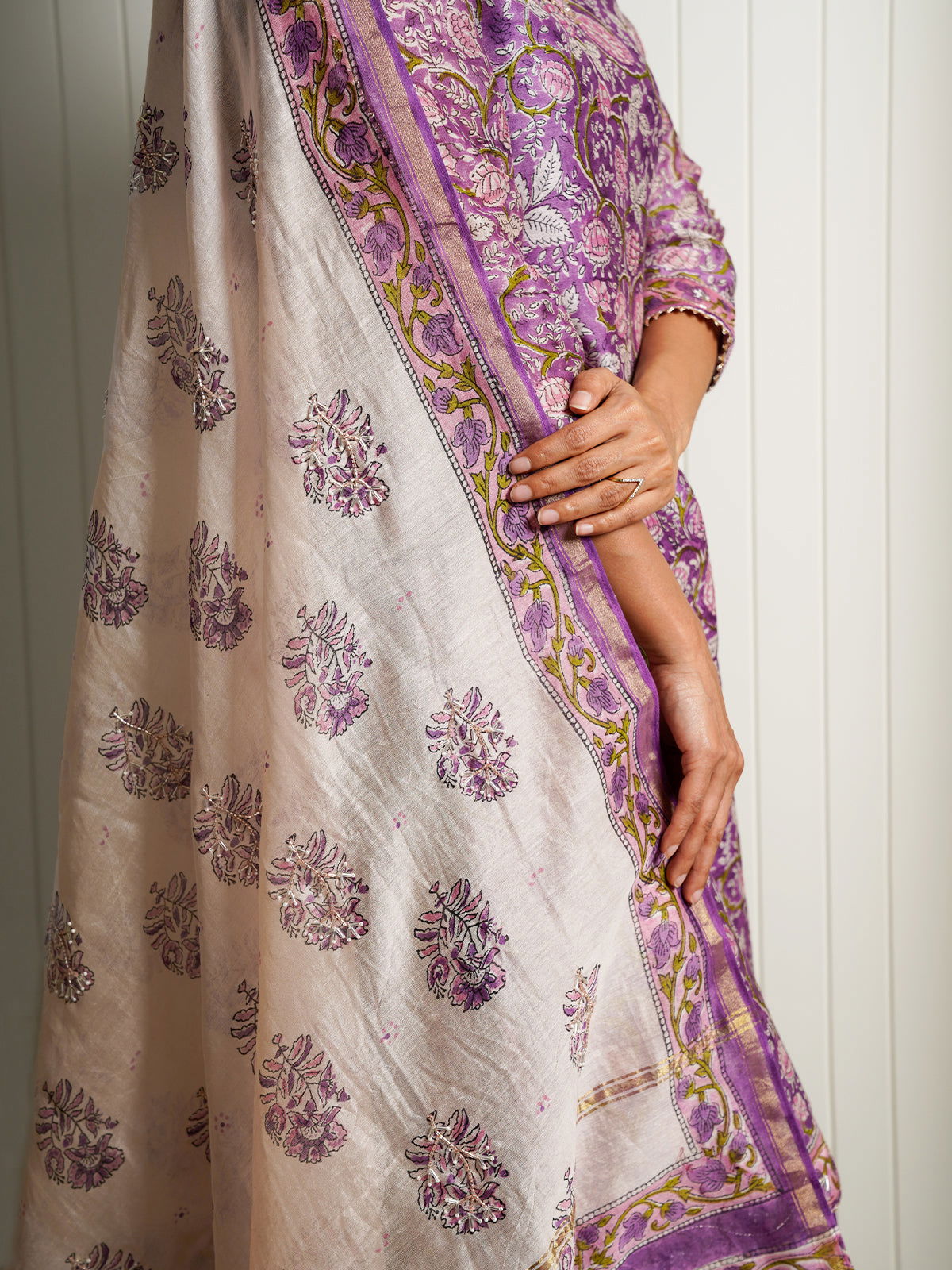 V-neck Purple Jaipuri suit with Gota Lace - Cult91