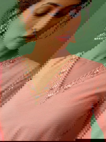 V Neck Light Pink Banarasi Suit - Cult91