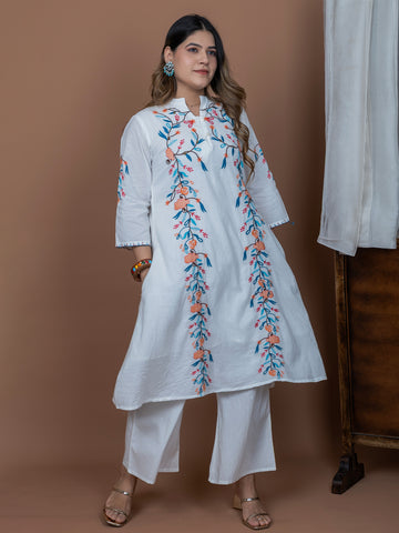 White Embroidered Cotton Kurta Set