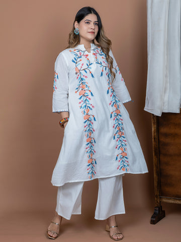 White Embroidered Cotton Kurta Set