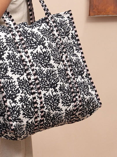 White Coral Printed Quilted  Tote Bag with Inner Pocket - Cult91