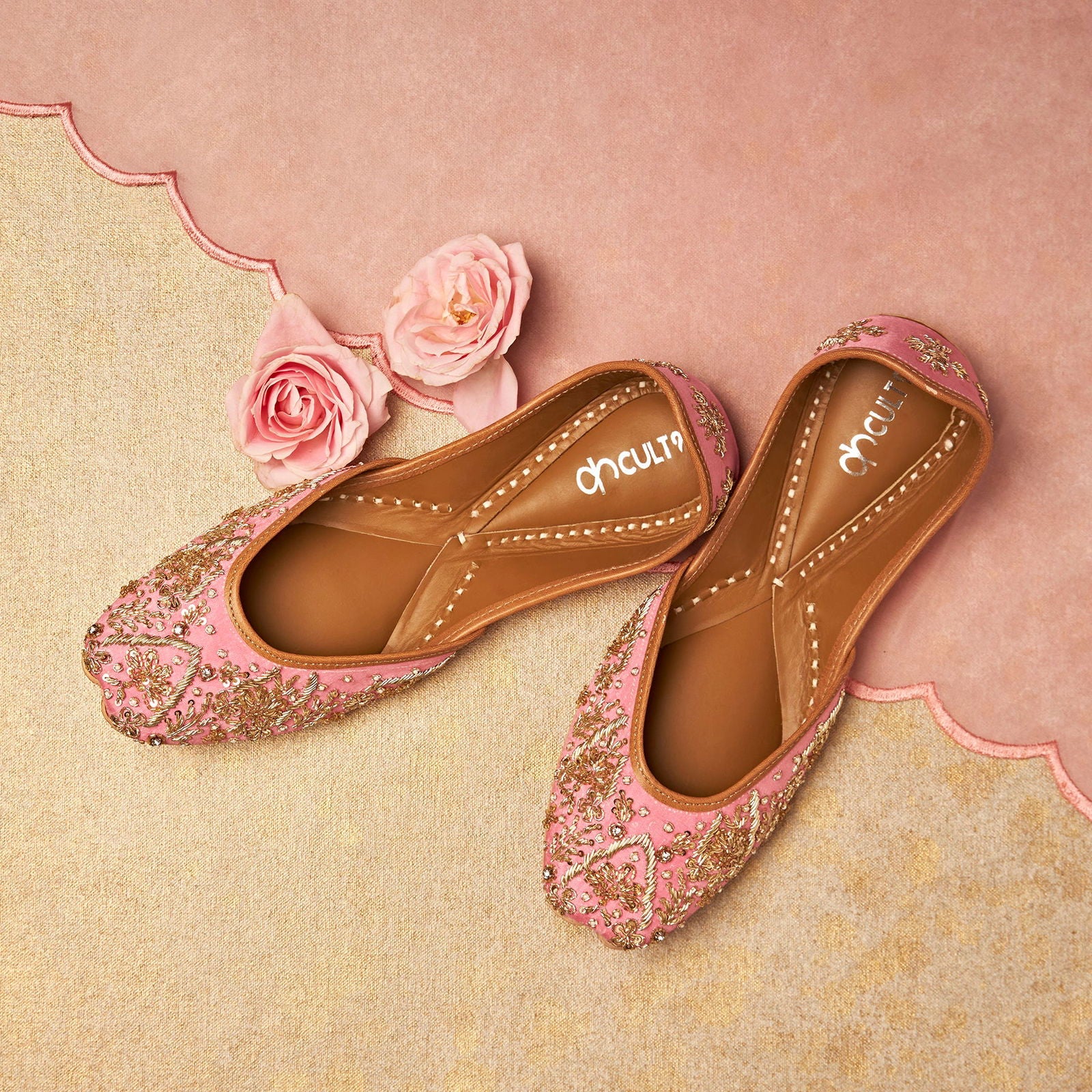 Women Blush Pink Embellished Ethnic Mojaris Flats - Cult91
