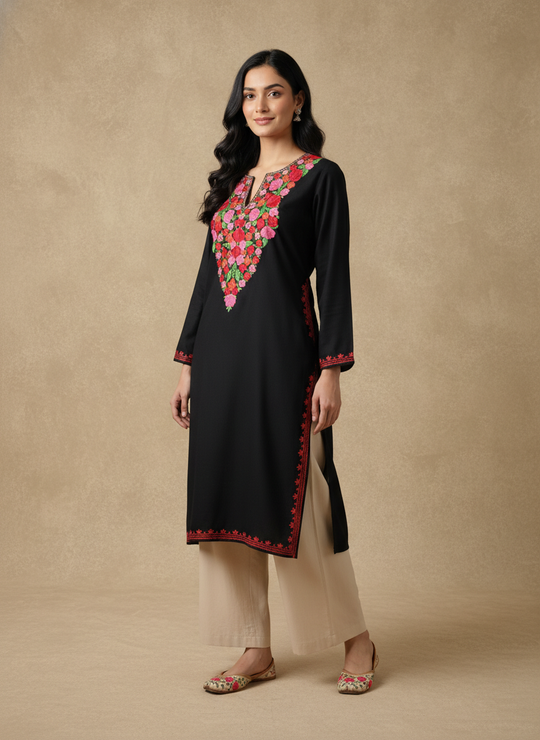 Black  Kurti With Red Floral Motifs