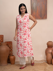 Mughal Floral Printed Sleeveless Kurta with Pockets