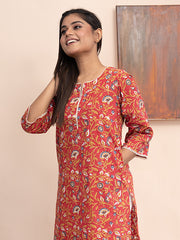 Printed Contrast Lace Neckline Kurta with Pockets